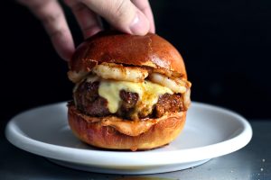 Spicy Surf & Turf: Mexican Chorizo & Garlic Shrimp Burger on Sweet Potato Buns photo 1