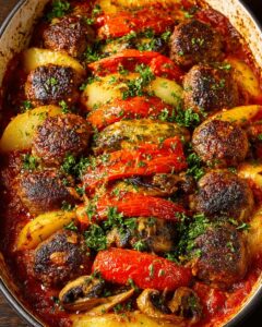 Baked Beef Meatballs, Potatoes & Mushrooms in Tomato Sauce | CookWithFeast photo 1