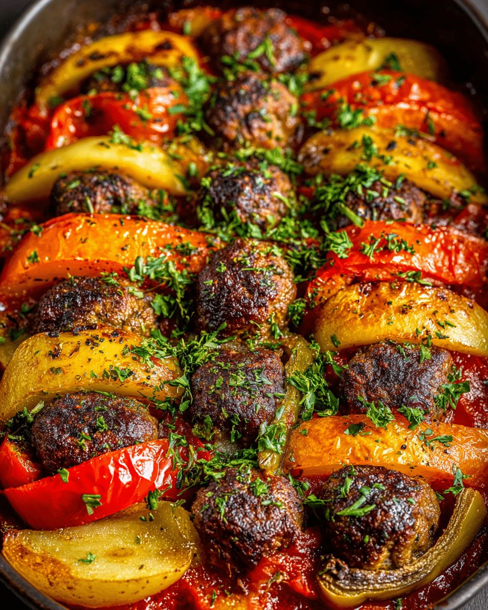 Baked Beef Meatballs, Potatoes & Mushrooms in Tomato Sauce | CookWithFeast step 2