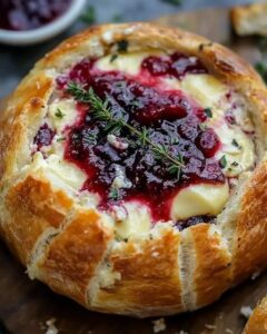 Baked Brie in Bread Bowl with Cranberry Sauce and Thyme | CookWithFeast photo 1