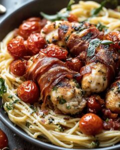 Baked Prosciutto-Wrapped Chicken with Herb Pasta & Roasted Tomatoes | CookWithFeast photo 1