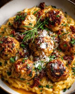 Baked Rosemary Chicken Meatballs with Mushroom Tomato Orzo | CookWithFeast photo 1