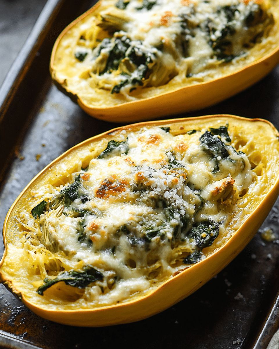 Baked Spaghetti Squash with Spinach and Artichoke | CookWithFeast step 1