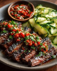 Balsamic Skirt Steak with Red Pepper Relish & Zucchini Salad | CookWithFeast photo 1