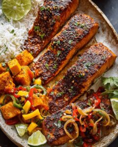 Chili-Lime Salmon with Roasted Sweet Potatoes & Mango Salsa 1