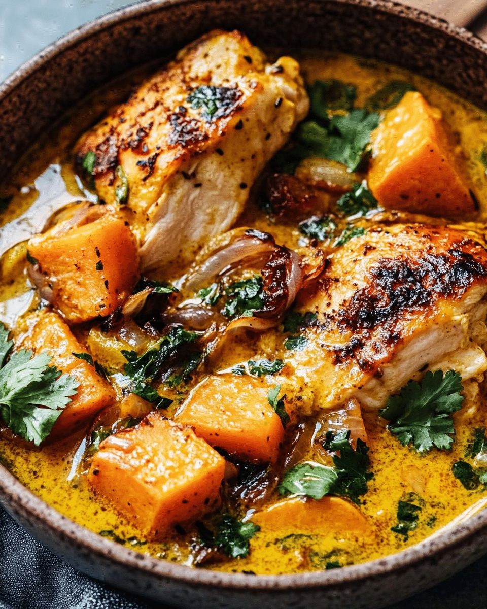 Coconut Turmeric Chicken with Sweet Potatoes and Crispy Shallot Oil step 4