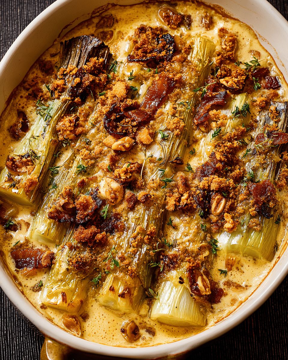 Creamy Baked Leeks with Bacon, Miso Bechamel & Hazelnut Crumb step 2