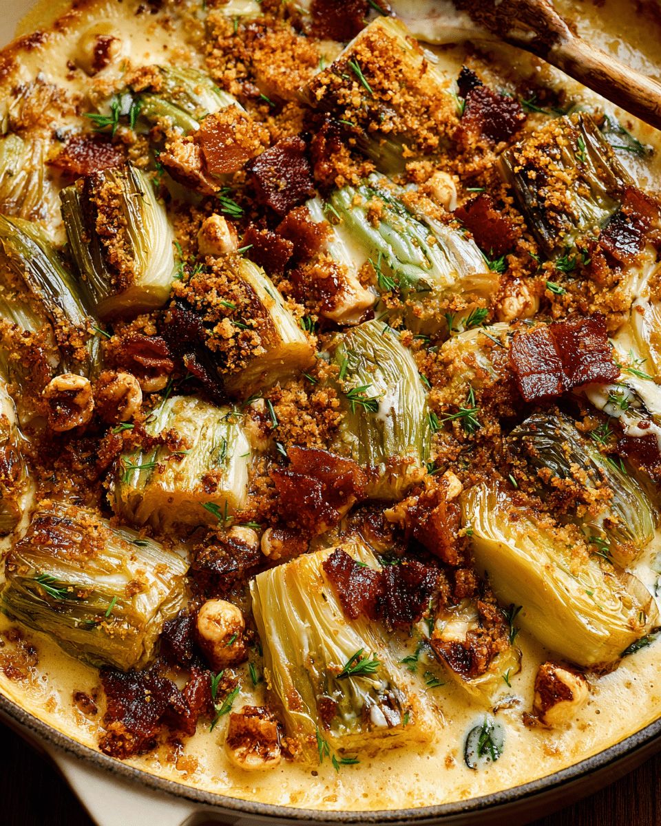 Creamy Baked Leeks with Bacon, Miso Bechamel & Hazelnut Crumb step 3