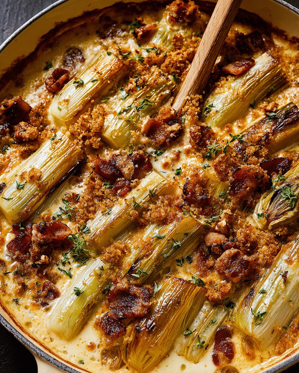 Creamy Baked Leeks with Bacon, Miso Bechamel & Hazelnut Crumb step 6