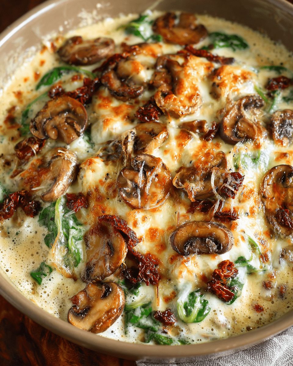 Creamy Baked Mushrooms with Spinach, Sun-Dried Tomatoes & Chicken step 1