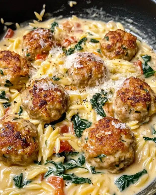 Creamy Chicken Meatballs with Spinach and Orzo: Easy One-Skillet Recipe step 4