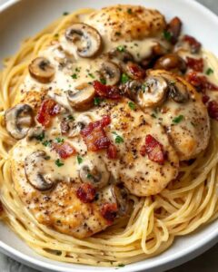 Creamy Garlic Mushroom Chicken with Bacon and Buttered Parmesan Pasta 1