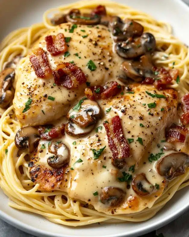 Creamy Garlic Mushroom Chicken with Bacon and Buttered Parmesan Pasta step 3