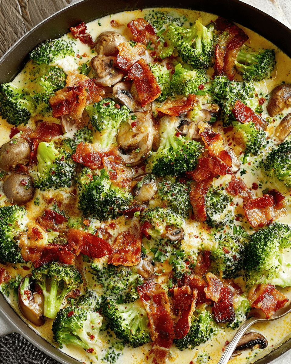 Creamy Garlic Parmesan Broccoli with Turkey Bacon & Mushrooms step 2