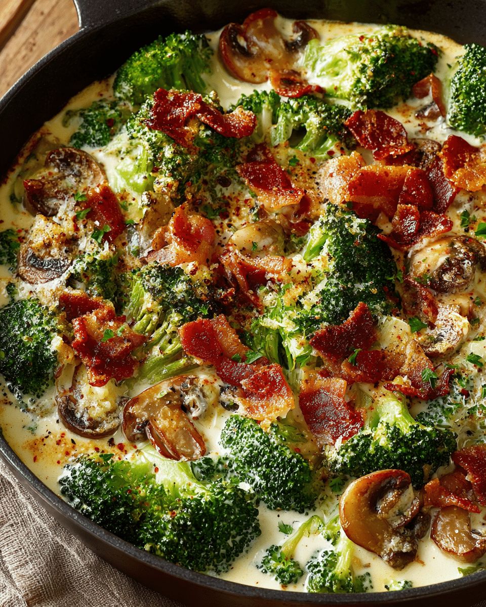 Creamy Garlic Parmesan Broccoli with Turkey Bacon & Mushrooms step 3