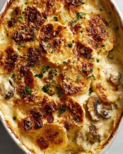 Creamy Garlic Potato Gratin with Turkey Bacon & Mushrooms | Cook with Feast 1
