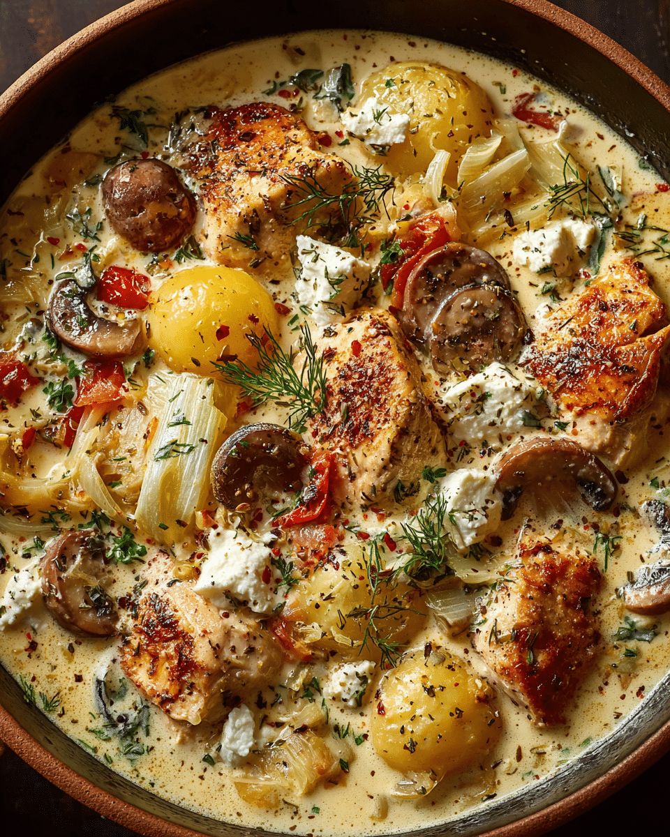Creamy Lemon Chicken Stew with Mushrooms, Leeks & Feta - Cook with Feast step 2