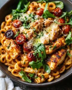 Creamy Roasted Red Pepper Chicken Pasta with Arugula and Basil 1