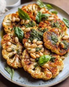 Crispy Cauliflower Steaks with Garlic Butter Beans and Fresh Pesto 1