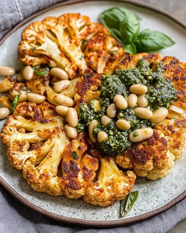 Crispy Cauliflower Steaks with Garlic Butter Beans and Fresh Pesto step 4