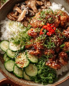 Crispy Chicken Karaage Mushroom Bowls with Sweet Miso Glaze 1