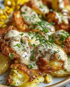 Crispy Gourmet Smashed Potatoes with Creamy Herb Sauce 1