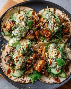Crispy Teriyaki Chicken & Mushroom Tacos with Creamy Cucumber Salad 1