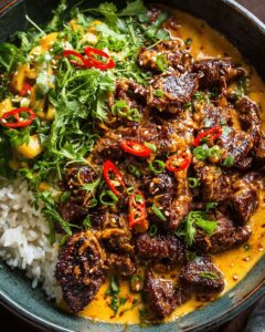Curried Beef & Mushrooms with Creamy Peanut Sauce and Mango Salsa 1