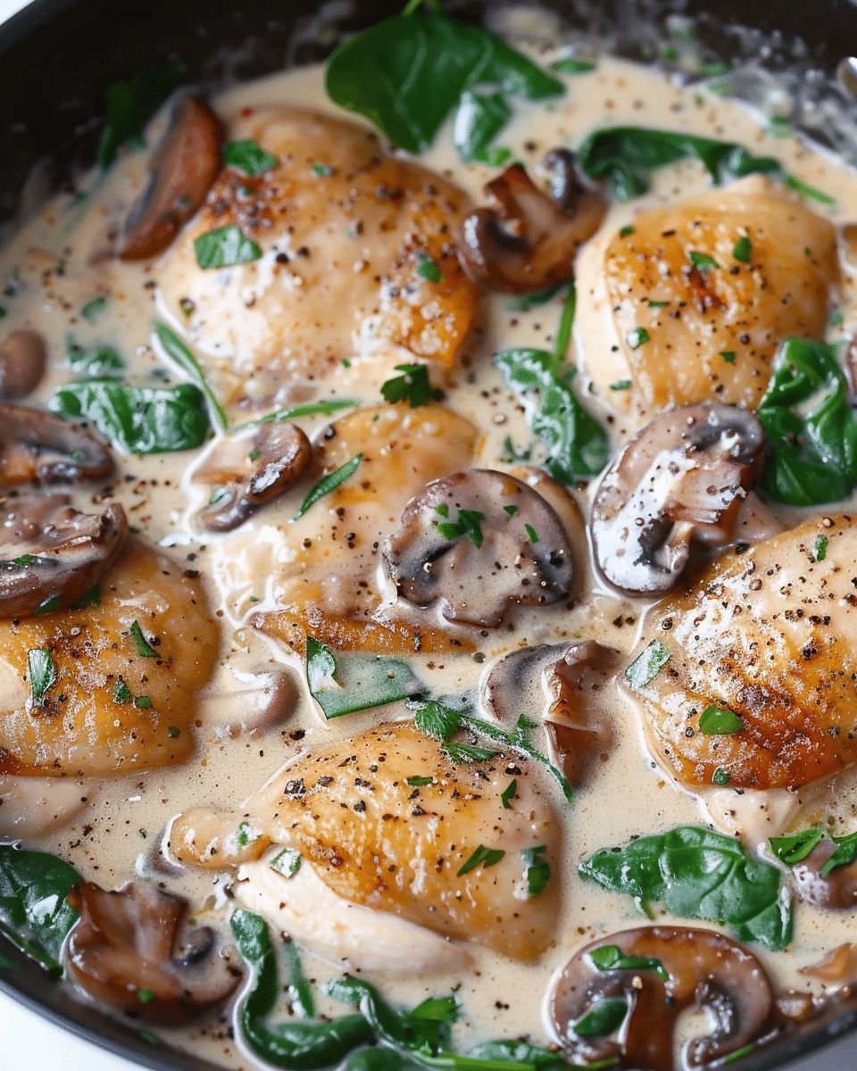 Easy Creamy Chicken Mushroom with Garlic, Parmesan, and Spinach step 4