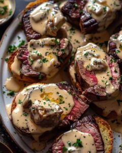 Elegant Beef Tenderloin Crostini with Parmesan Cream Sauce | CookWithFeast photo 1