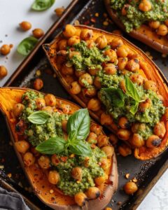 Elegant Roasted Sweet Potatoes with Chickpeas and Broccoli Pesto | Cook with Feast 1