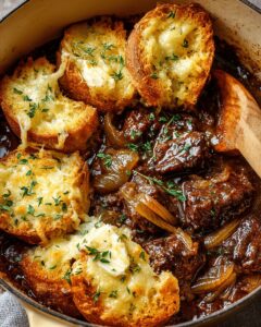 French Onion Beef Stew with Cheesy Bread Topping: The Ultimate Comfort Recipe 1