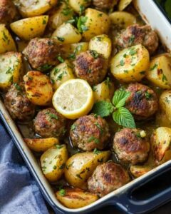 Greek Baked Meatballs and Potatoes with Ladolemono Sauce | Authentic Recipe 1