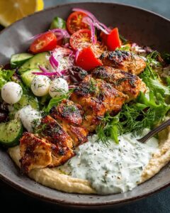 Greek Chicken Bowl with Mozzarella Pearls & Creamy Tzatziki 1