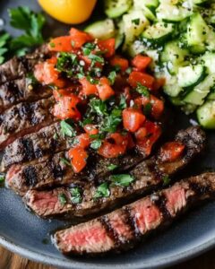 Grilled Balsamic Skirt Steak with Roasted Red Pepper Relish & Zucchini Salad 1