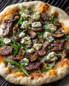Grilled Steak and Mushroom Pizza with Gorgonzola and Arugula 1