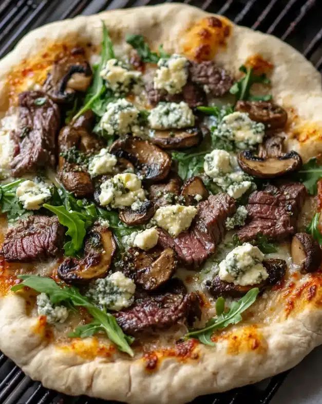 Grilled Steak and Mushroom Pizza with Gorgonzola and Arugula step 2