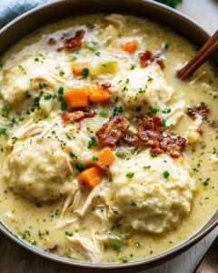 Hearty Chicken and Dumpling Soup with Bacon and Vegetables 1