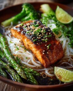 Honey Sesame Salmon with Rice Noodles & Roasted Veggies: The Ultimate Balanced Dinner 1
