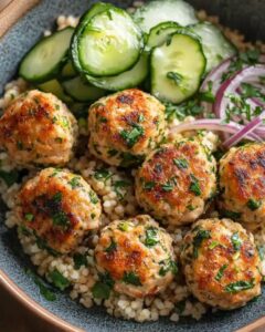 Juicy Chicken Meatballs with Lemon Dill Couscous & Cucumber Salad 1
