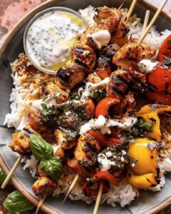 Mediterranean Chicken Skewers and Charred Peppers with Herbaceous Vinaigrette 1