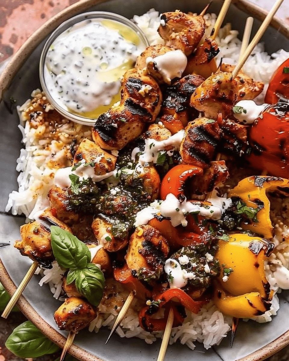 Mediterranean Chicken Skewers and Charred Peppers with Herbaceous Vinaigrette step 1