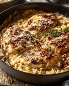 One-Pan Creamy Sun-Dried Tomato Chicken and Orzo Bake 1