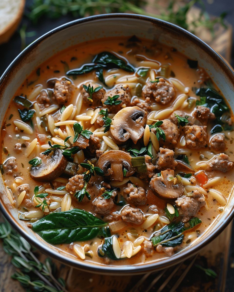 One-Pot Creamy Sausage, Mushroom, and Spinach Orzo Soup step 2