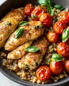 One-Skillet Crispy Chicken Cutlets with Burst Cherry Tomatoes and Herbed Farro 1