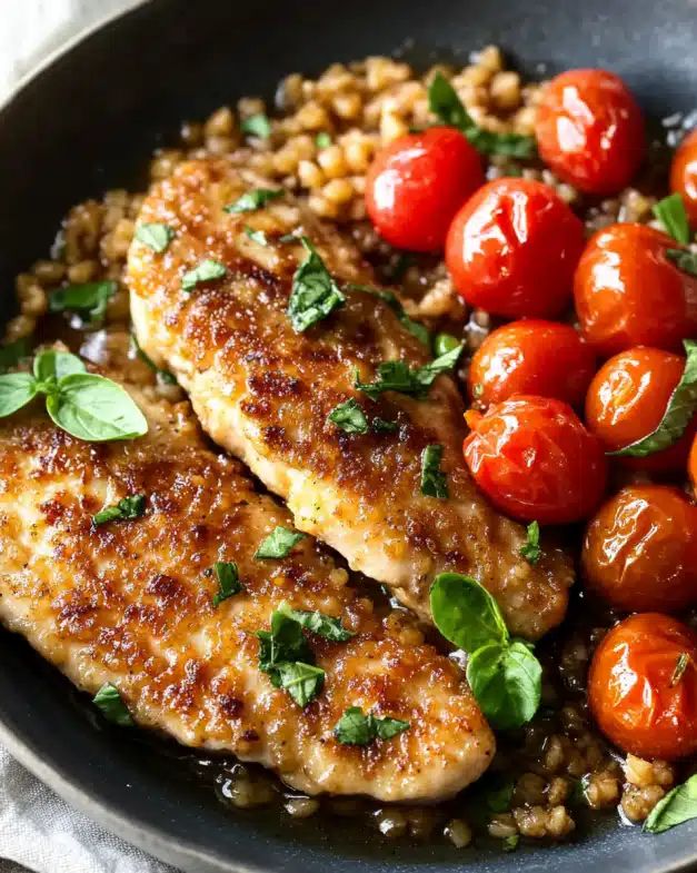 One-Skillet Crispy Chicken Cutlets with Burst Cherry Tomatoes and Herbed Farro step 4