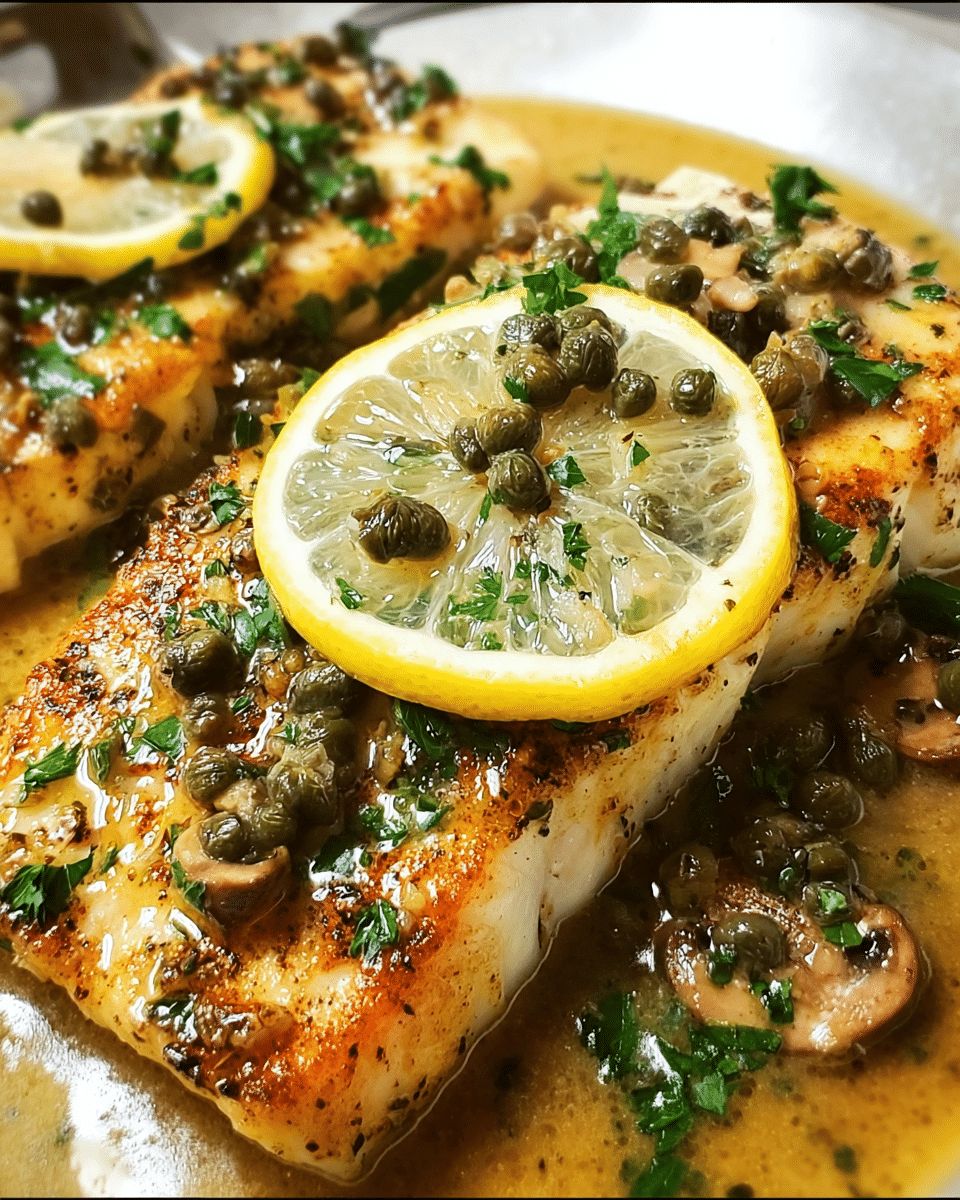 Pan-Seared Garlic Butter Halibut with Mushrooms, Lemon & Capers step 4