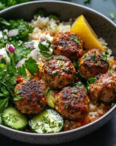 Spicy Harissa Chicken Meatballs Bowl with Refreshing Cucumber Herb Salad 1