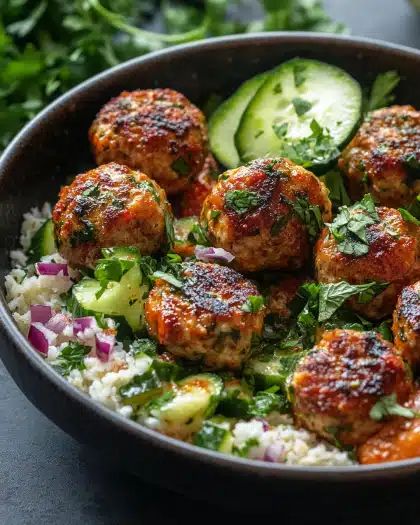 Spicy Harissa Chicken Meatballs Bowl with Refreshing Cucumber Herb Salad step 4