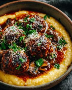 The Ultimate Braised Chicken Meatballs with Mushrooms & Creamy Cheesy Polenta 1